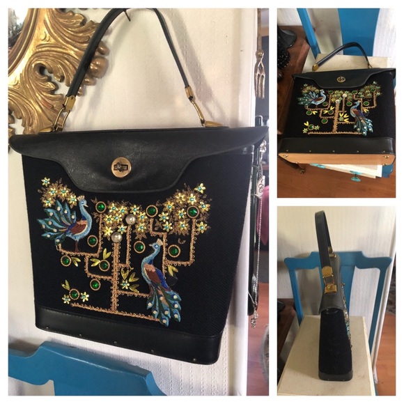 Vintage Jeweled Peacock Handbag w Wood Bottom - Picture 2 of 10